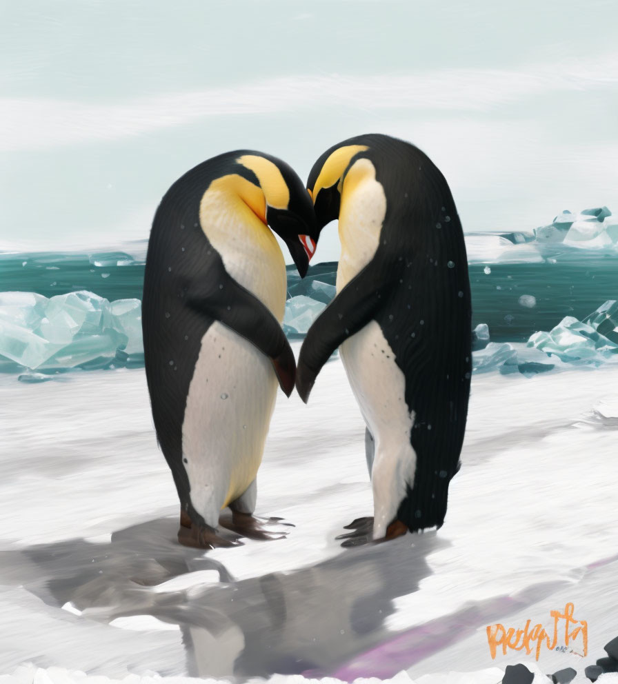 Penguins forming heart shape on ice and snow