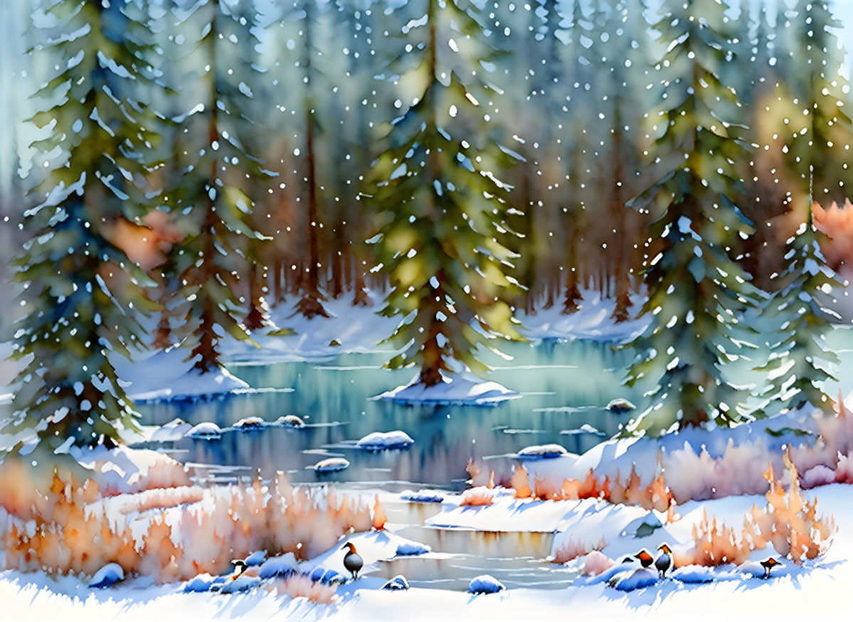 Tranquil winter forest with snow-covered trees, clear lake, orange bushes