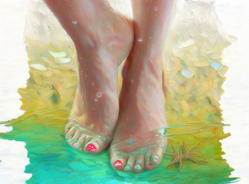 Feet with Red Toenails in Water with Starfish & Ripples