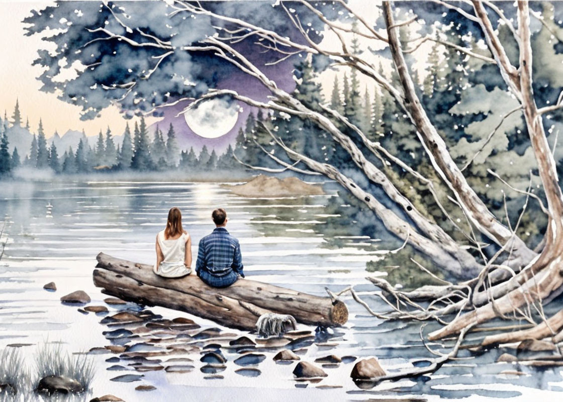 Couple on Fallen Tree by Tranquil Lake at Twilight