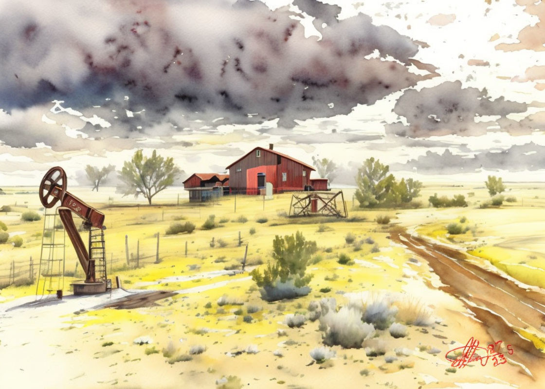 Rural landscape watercolor with red barn, oil derrick, dirt road