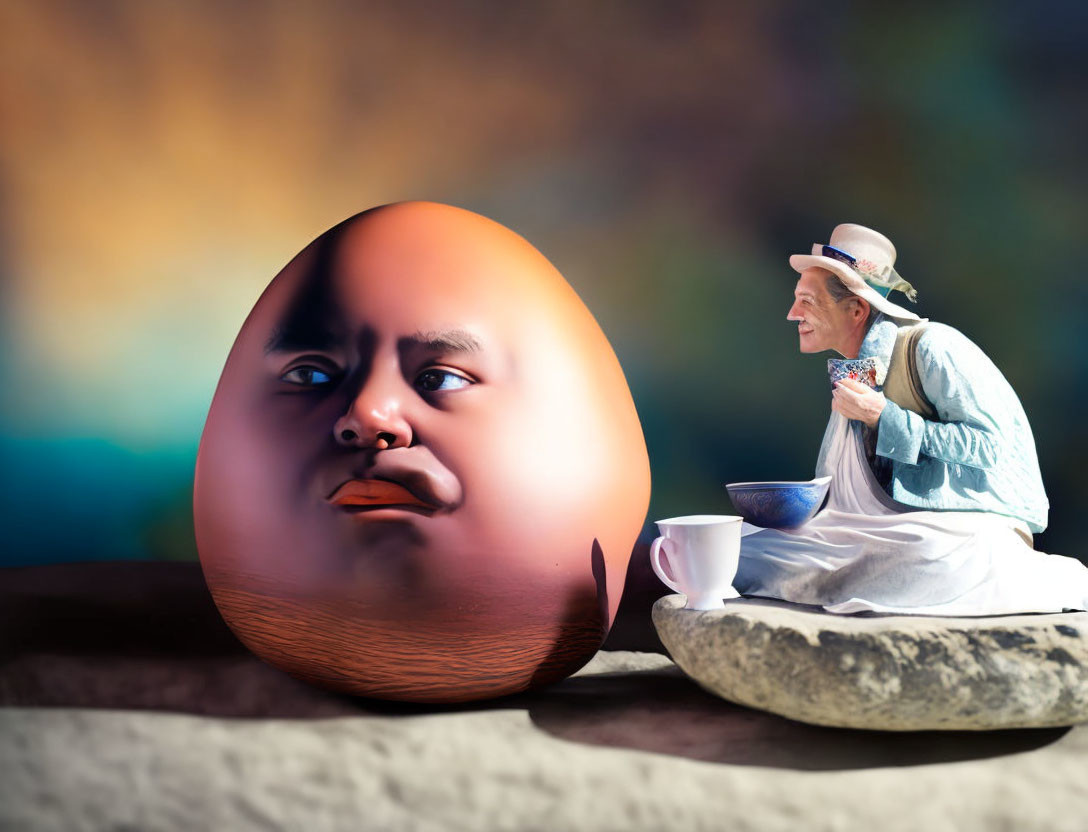 Surreal image: anthropomorphic egg with human face and tiny person in historical clothing.