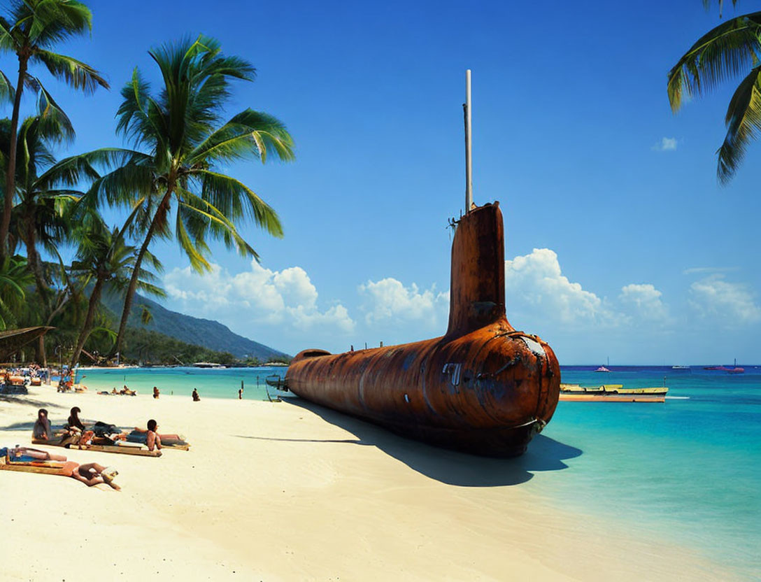 Rusty old submarine on tropical shore with sunbathers and clear blue waters