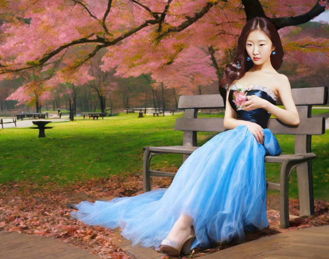 Woman in Blue Gown Sitting on Park Bench Under Blossoming Pink Trees