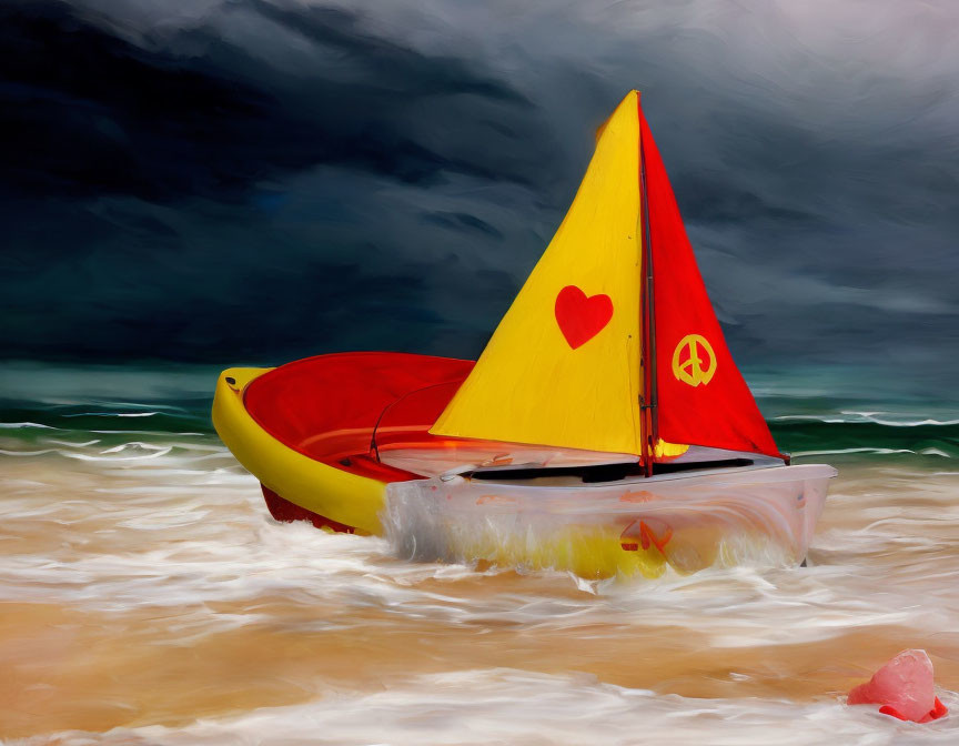 Colorful sailboat with heart and peace symbol sails on stormy beach