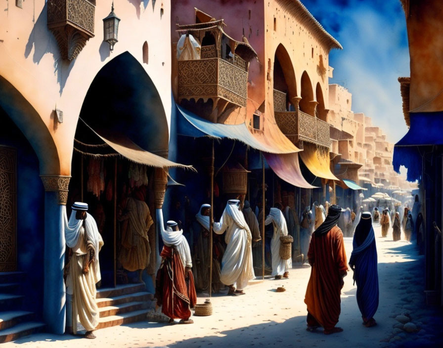 Traditional market street with cultural attire, colorful awnings, historic architecture under clear sky