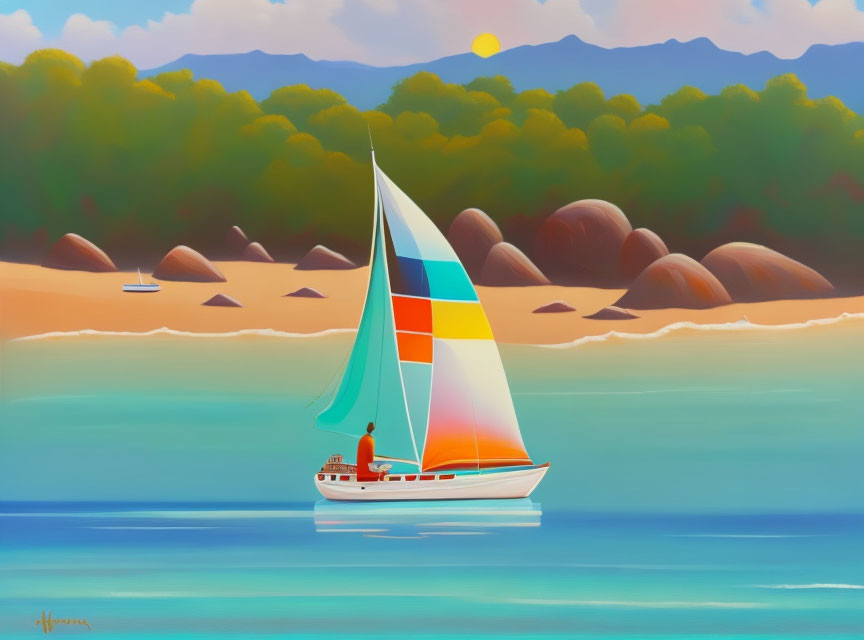 Colorful sailboat with vibrant sail near sandy beach and mountains.