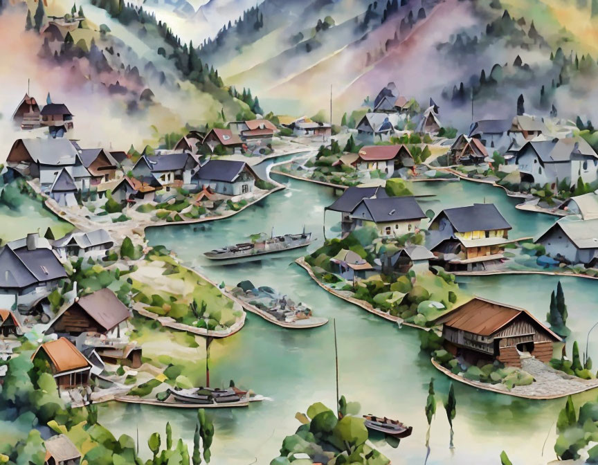 Scenic watercolor painting of village by river in misty mountains