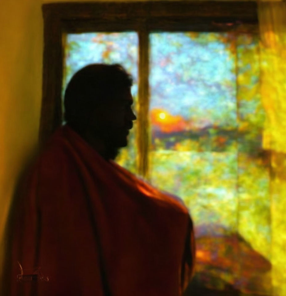 Silhouetted figure in red garment by abstract stained glass window