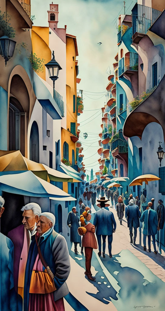 Colorful Street Scene: Vibrant painting of bustling European town with people and birds.