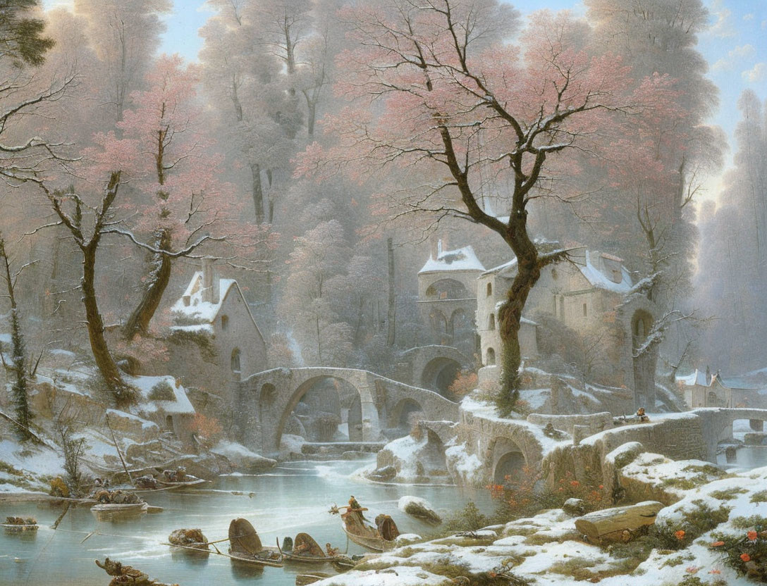 Snowy village with pink trees, stone bridge, river, and boats in tranquil winter landscape