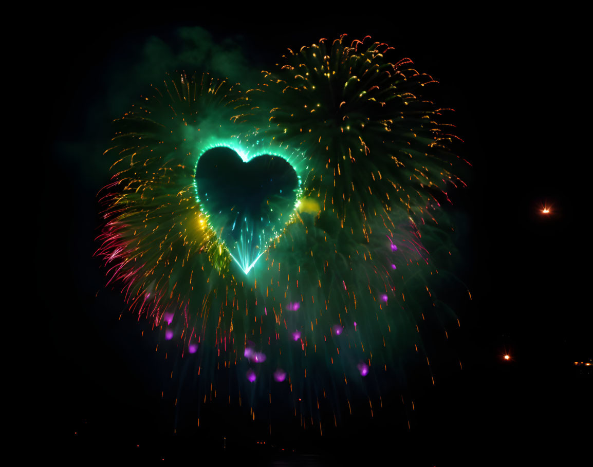 Vibrant heart-shaped fireworks in night sky