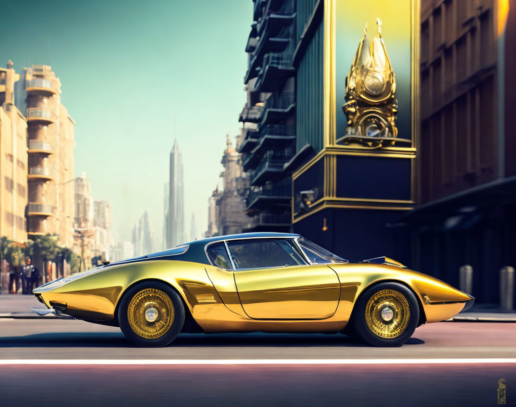 Golden classic sports car on urban street with sunny buildings.