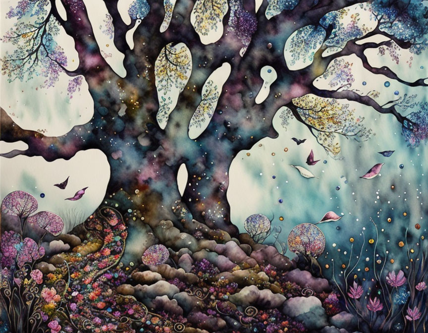 Vibrant forest illustration with galaxy shapes and spirits