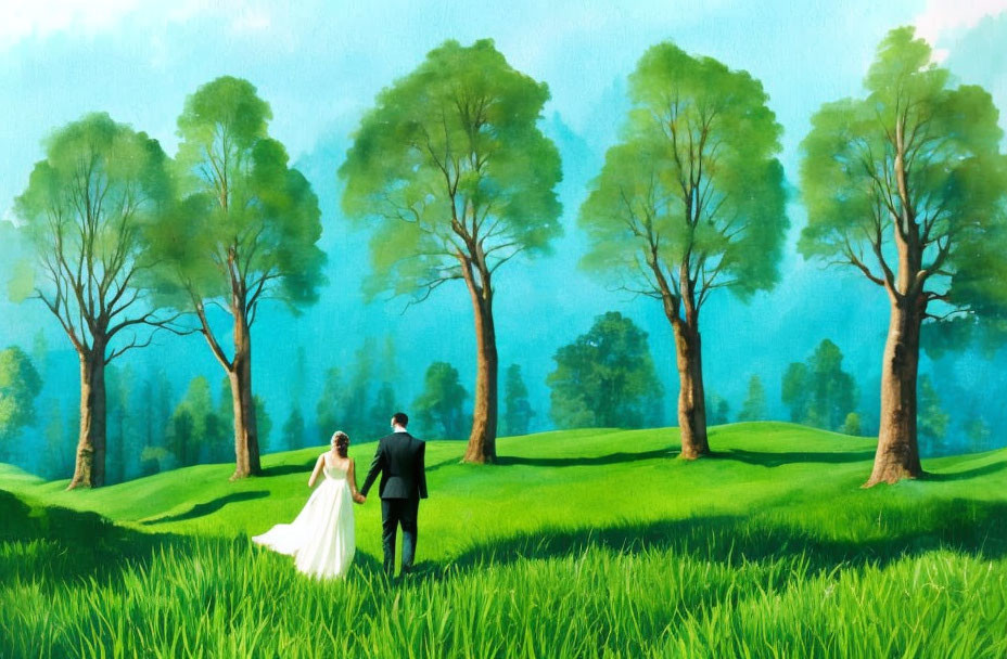 Wedding couple holding hands in sunlit forest clearing