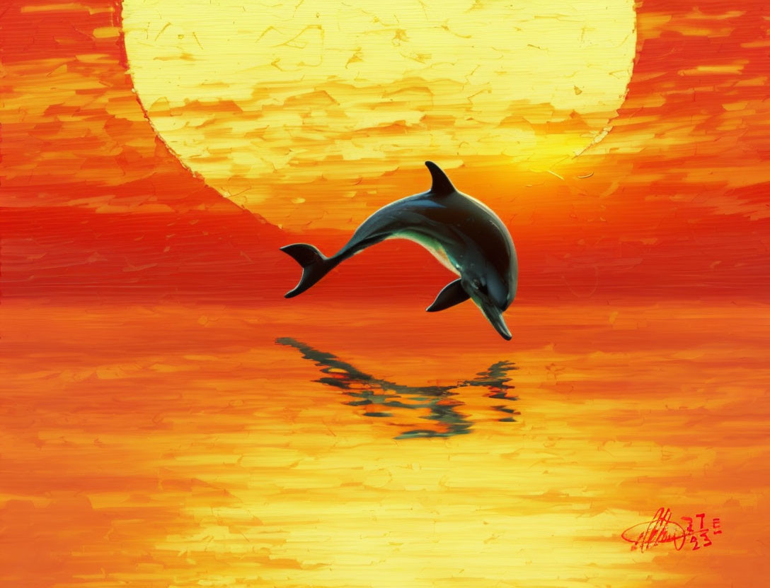 Dolphin jumping in vibrant sunset with low sun reflection