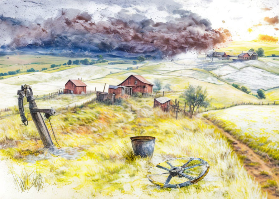 Rural watercolor painting: farmlands, red barns, rolling hills, storm clouds,