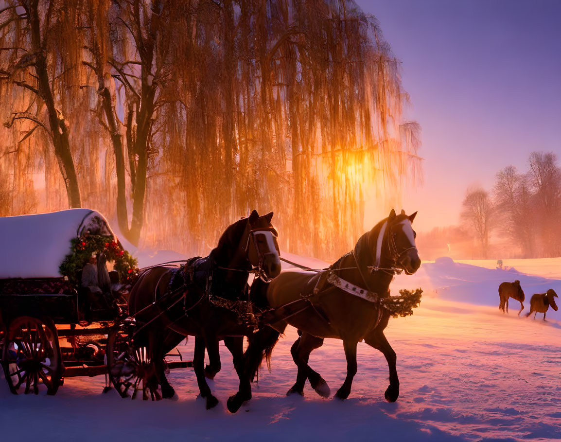 Snow-covered carriage pulled by horses near icy willow trees at sunset