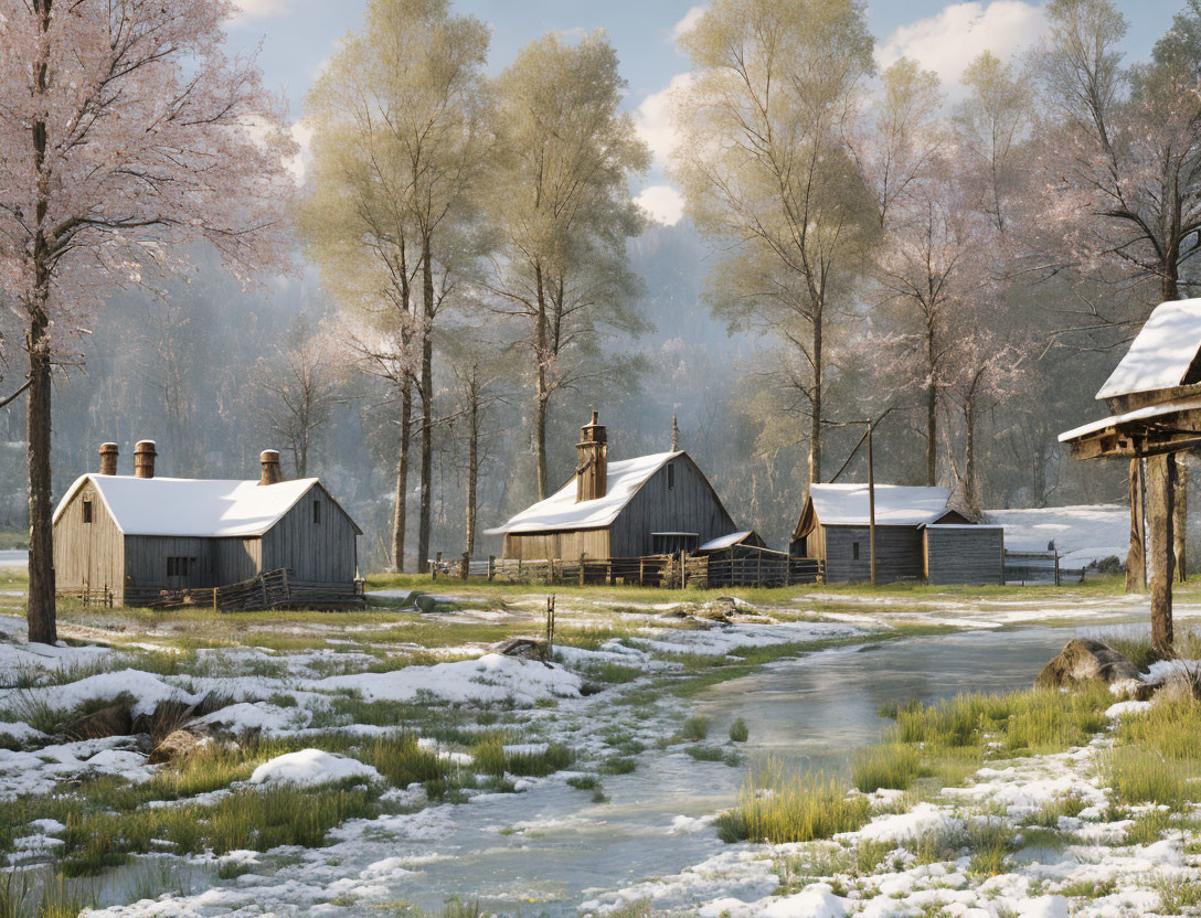 Melting snow rustic cabins near blossoming trees and stream