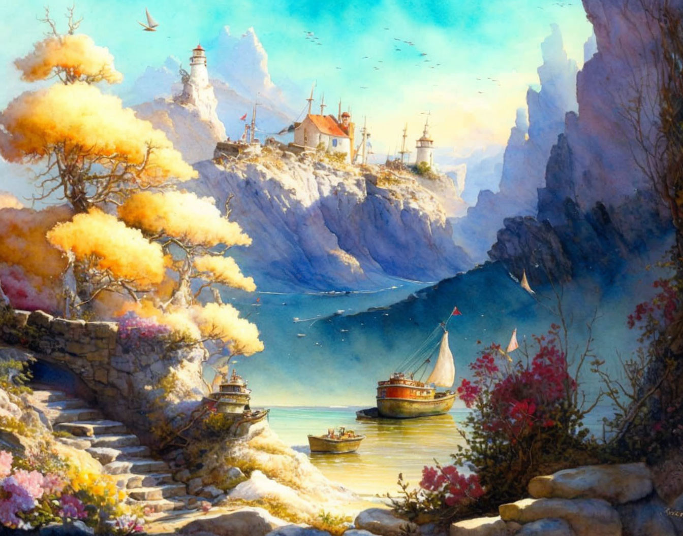 Colorful coastal landscape with lighthouse, boats, and blooming flora