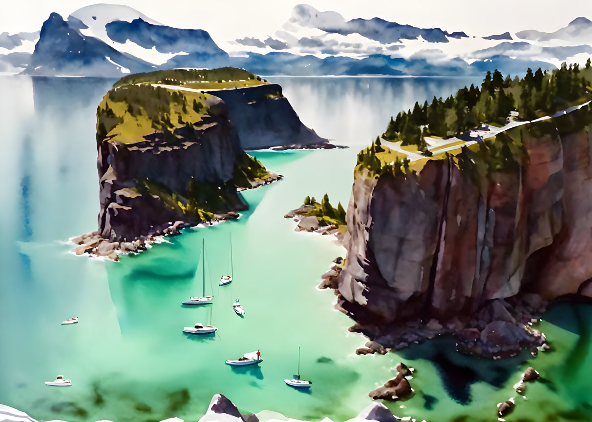 Tranquil bay with boats, cliffs, and mountains under blue sky