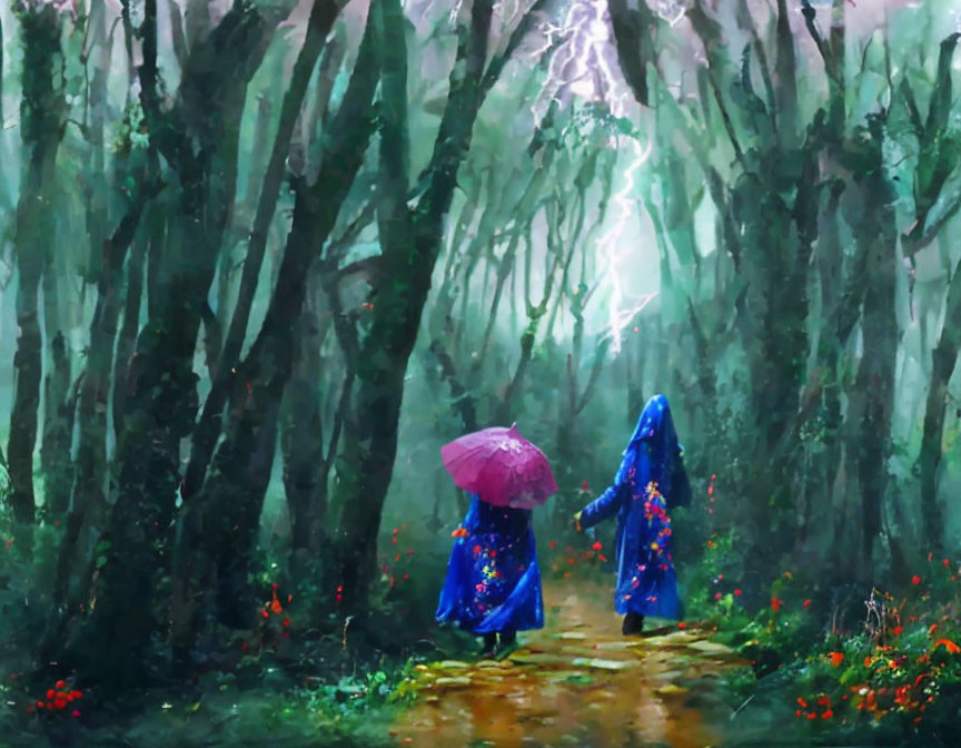 Two figures in blue cloaks with pink umbrella walking in lush forest scenery