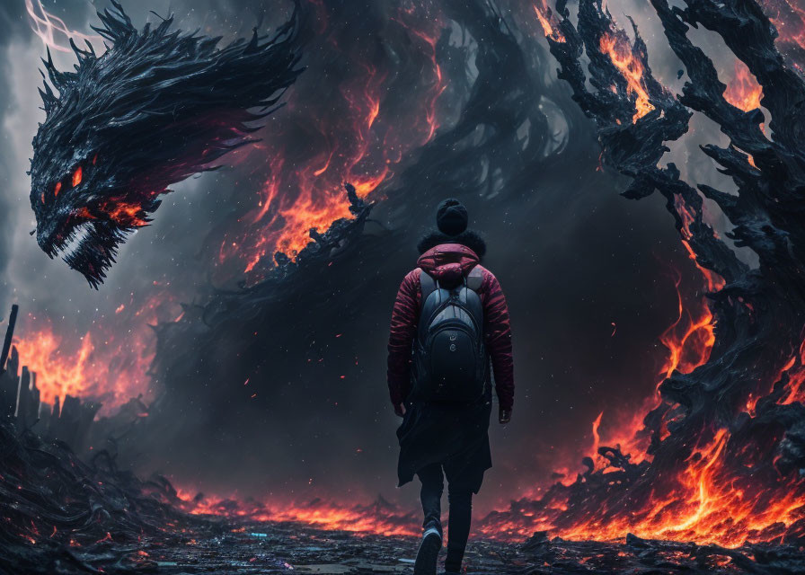 Person Confronting Fiery Dragon in Volcanic Landscape