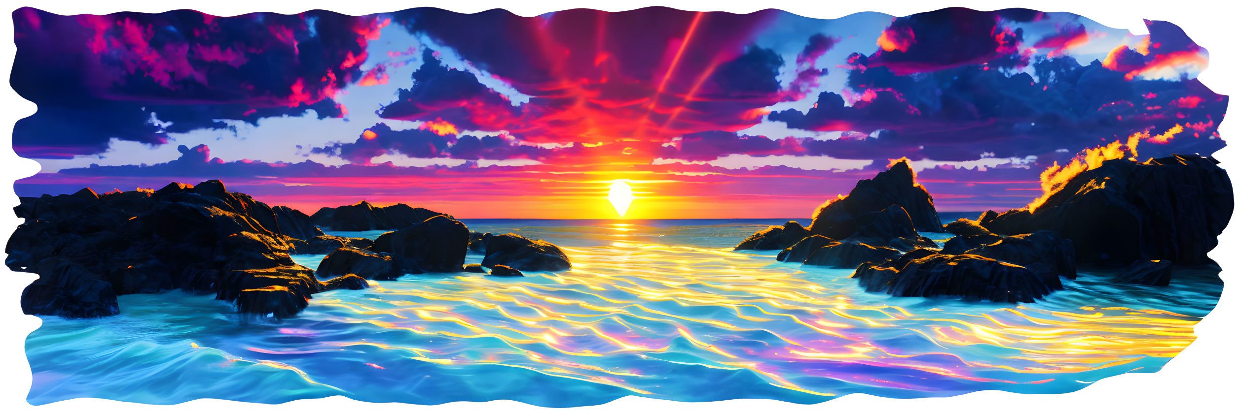 Dramatic ocean sunset with vibrant colors and rocky outcrops