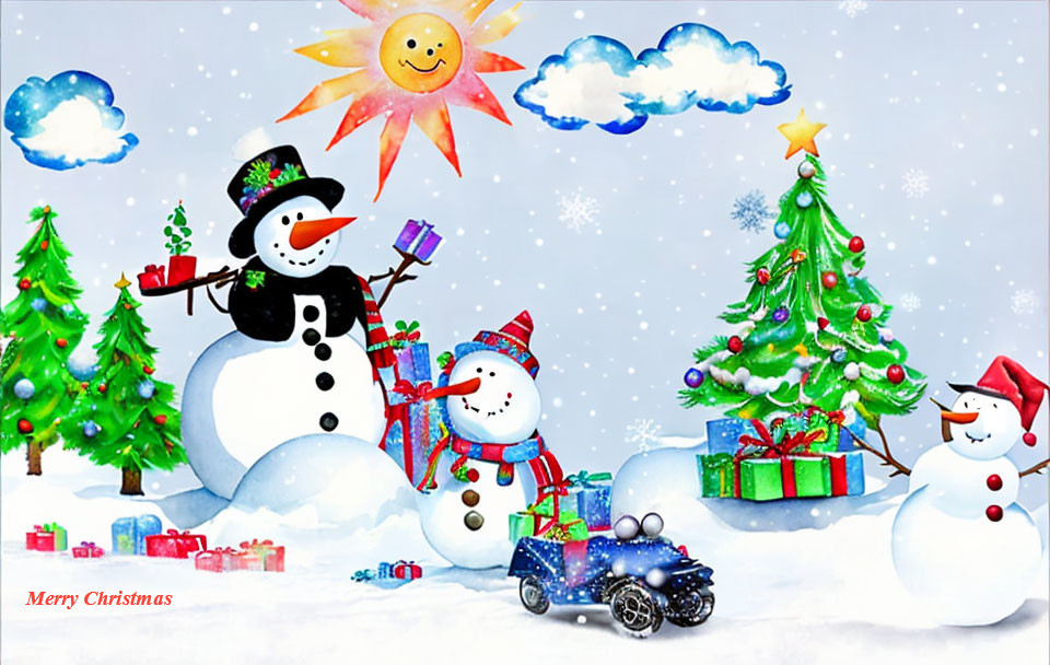 Cheerful Christmas illustration with snowmen, presents, tree, sun, and snowflakes