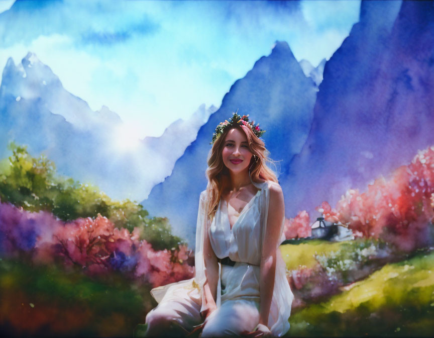 Woman with floral headpiece in whimsical landscape with colorful flora and mountains