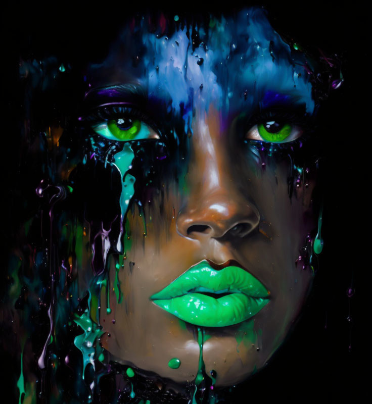 Colorful portrait with person having neon green eyes and lips, adorned with multicolored paint drips