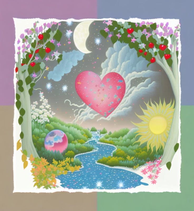 Whimsical heart illustration in starry sky with moon, sun, river, and nature landscape