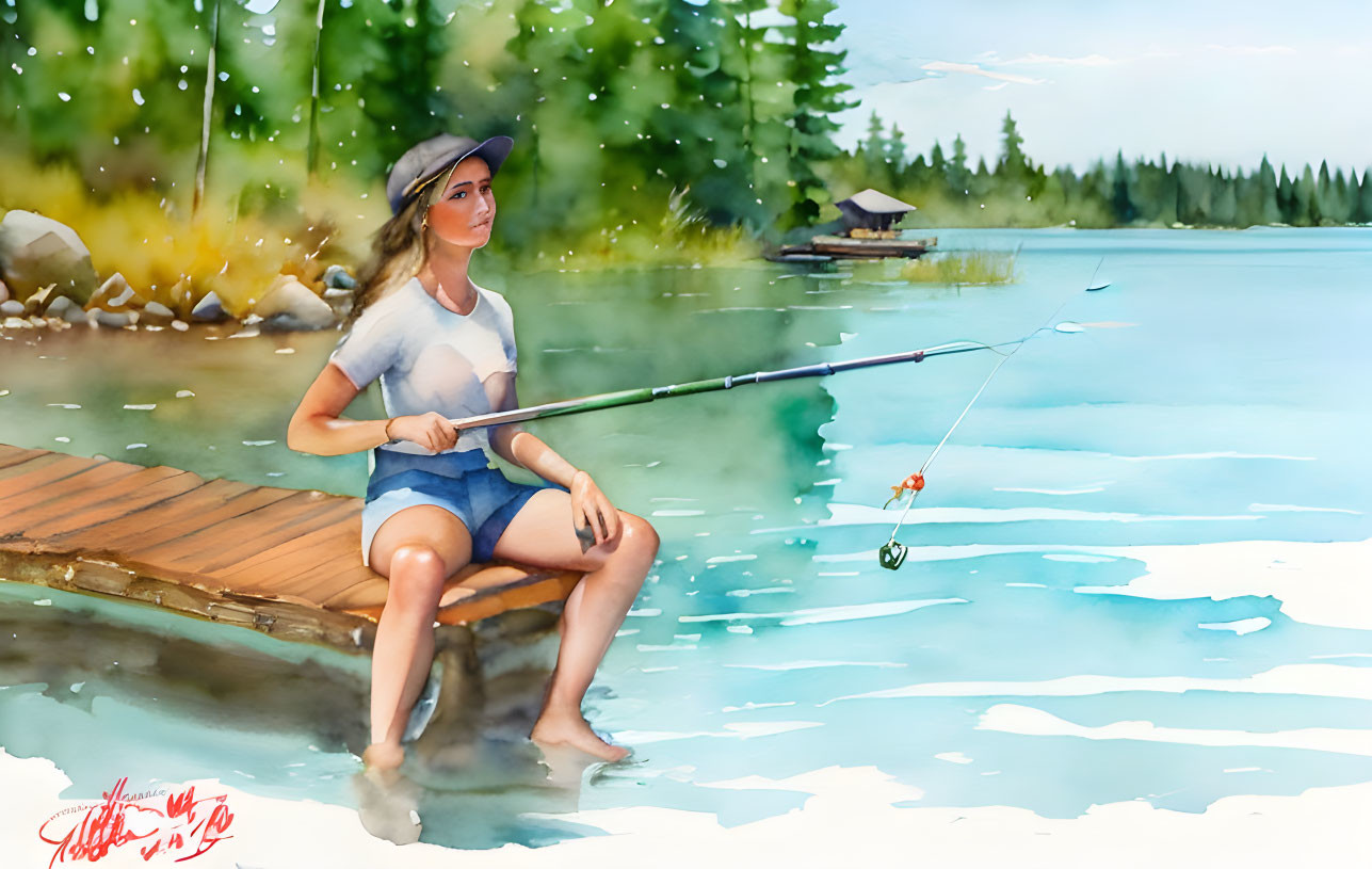 Tranquil lakeside scene with a woman fishing surrounded by foliage