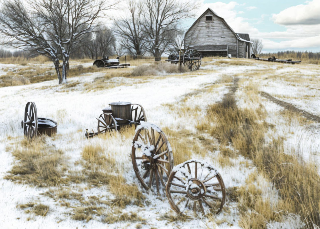 Rustic winter farm landscape with old barn and snowy equipment