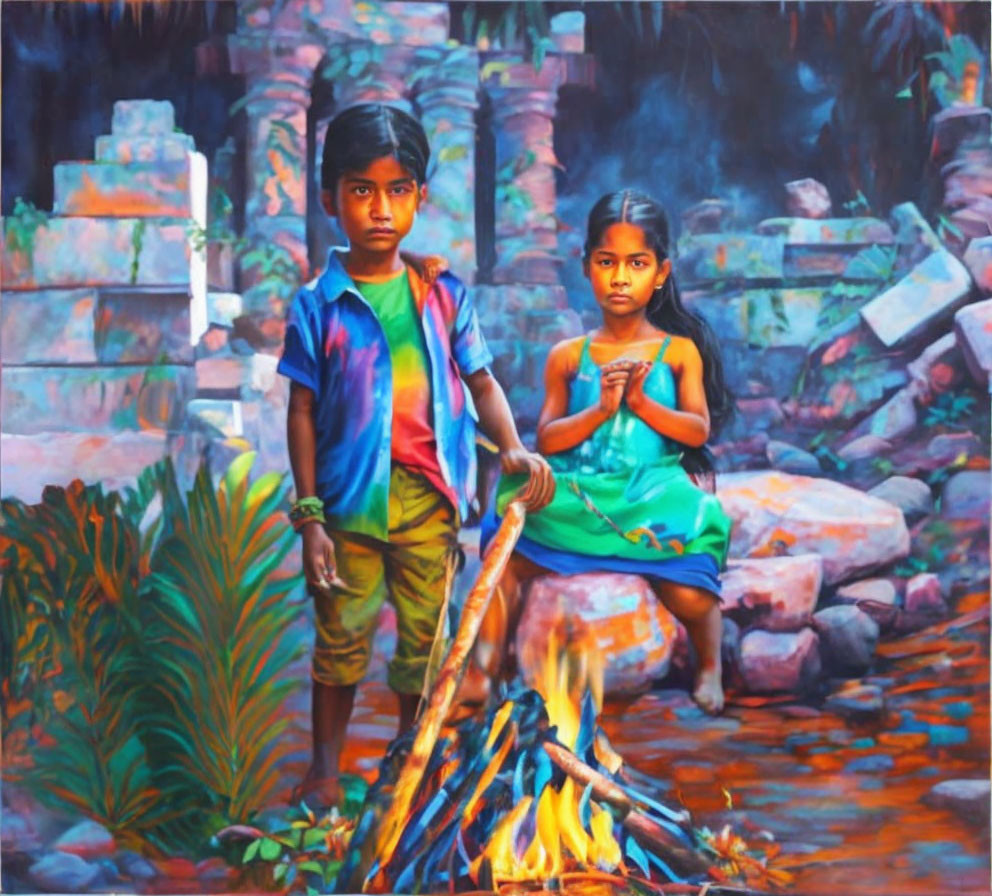 Children by small fire in ruins, boy with stick, girl in blue dress.