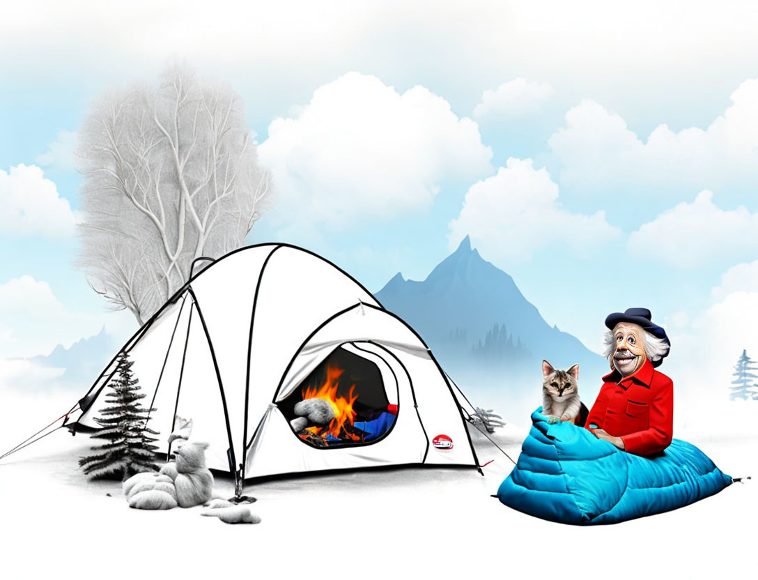 Elderly person in blue sleeping bag with dog near whimsical tent in snowy mountain landscape