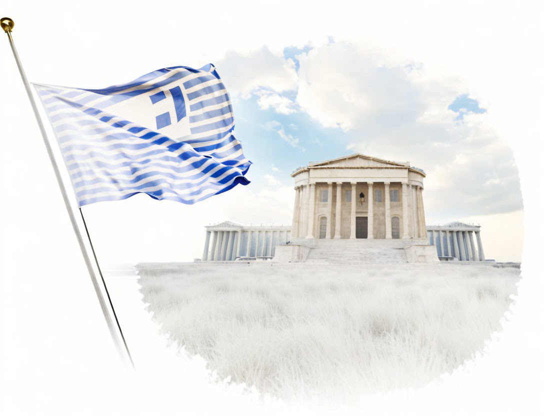 Greek flag waving with Parthenon in background