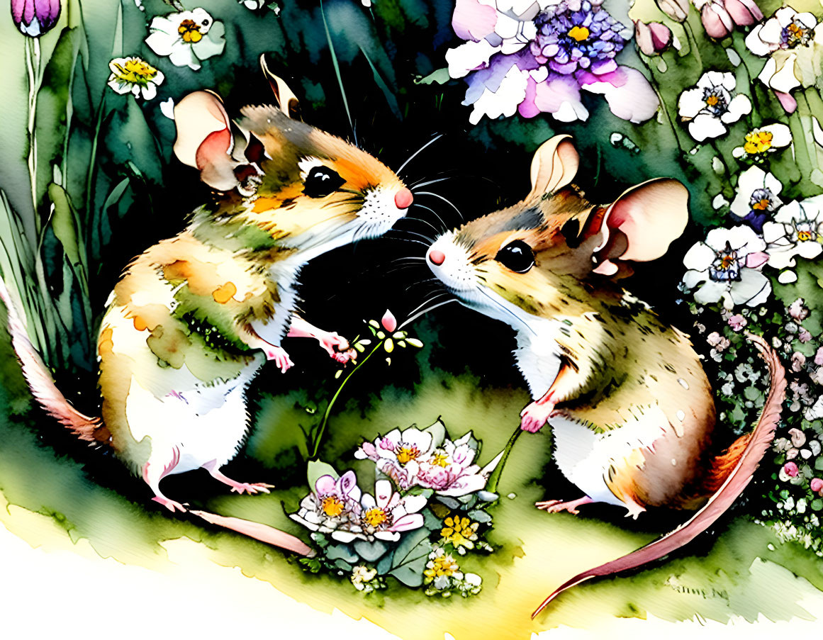 Illustrated mice with flower in colorful garden