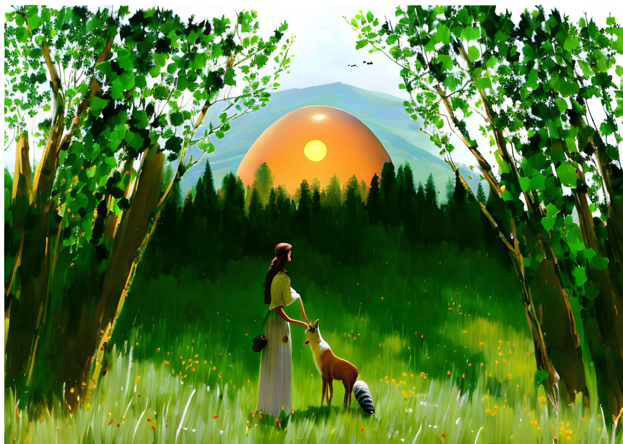 Woman in white dress with dog in sunlit forest clearing at sunset