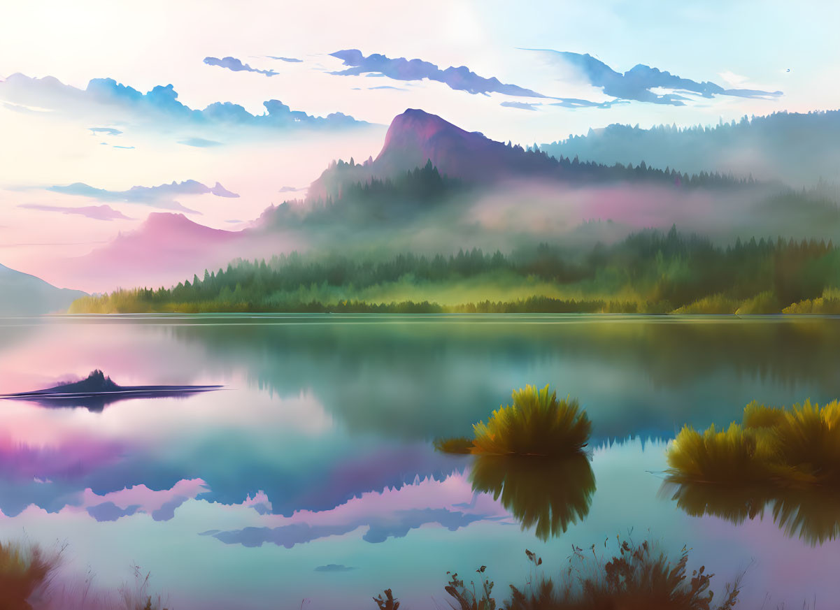 Scenic lake with mountain, forest, mist, and vibrant foliage at sunrise or sunset