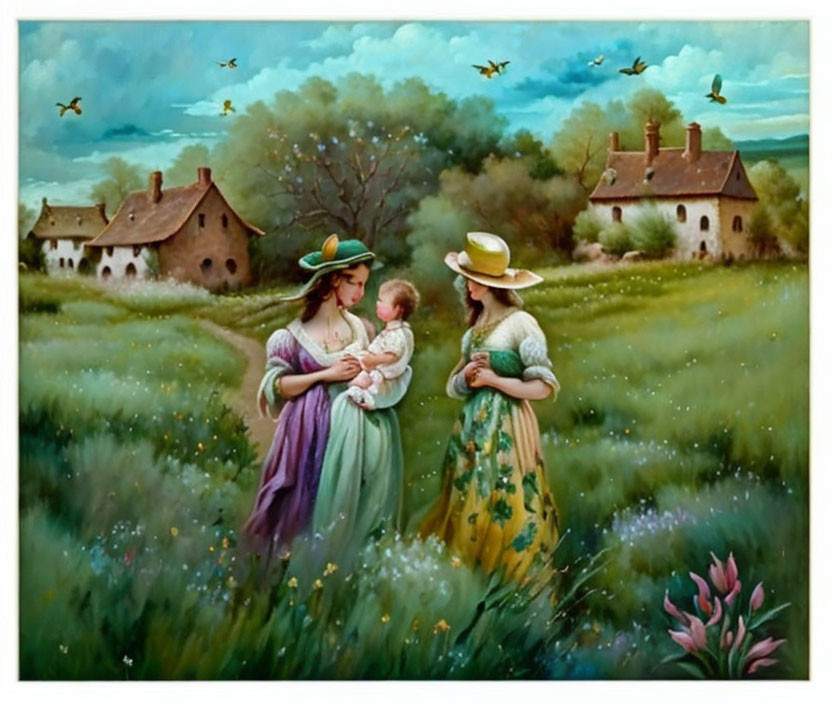 Vintage-dressed women with baby in meadow under cloudy sky