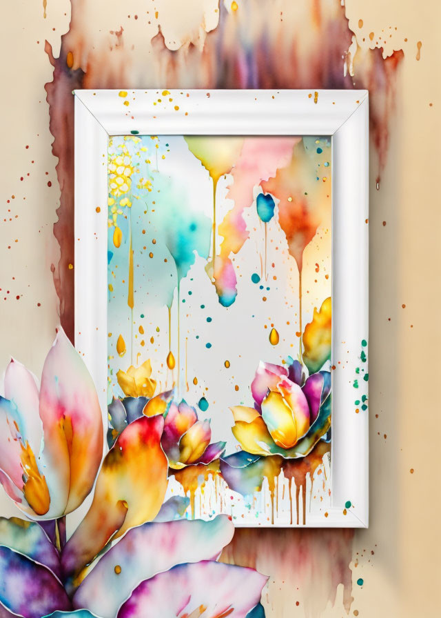 Abstract Watercolor Painting with Vibrant Splashes and Blooming Flowers