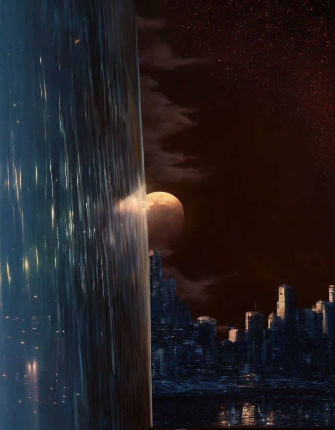 Cityscape with illuminated buildings, shimmering waterfall, starry sky, and partial moon.