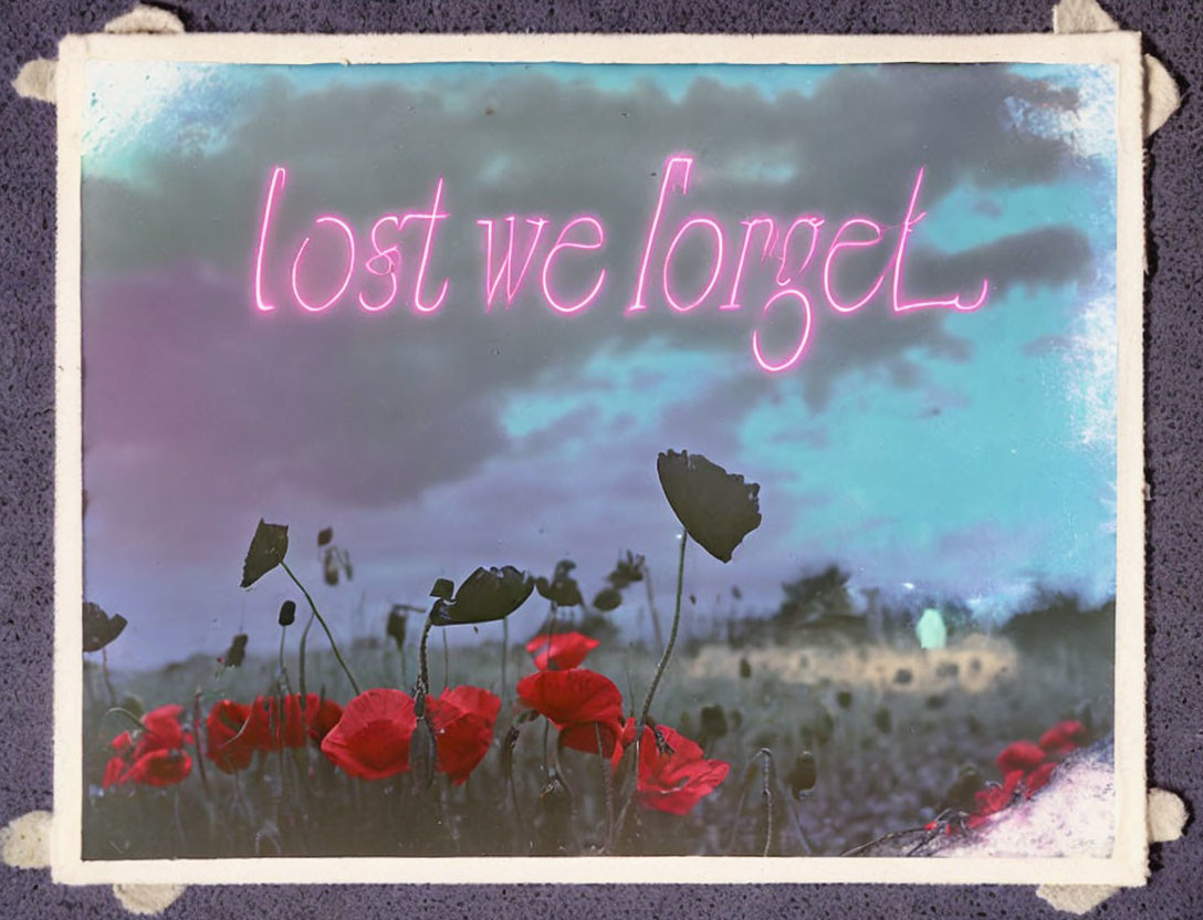 Vintage-style photograph featuring neon "lest we forget" sign above red poppies field at twilight.