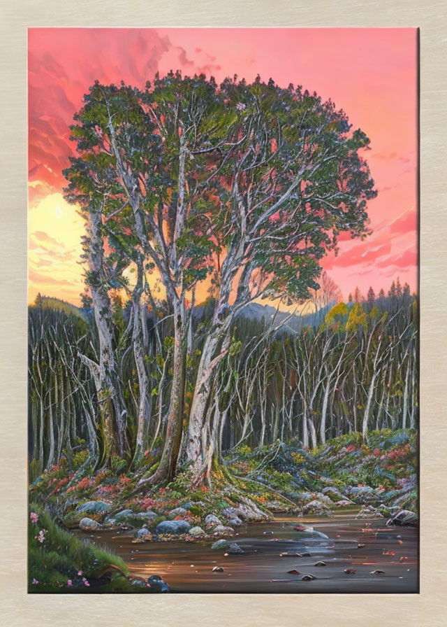 Serene forest sunset painting with central tree, colorful sky, and gentle stream