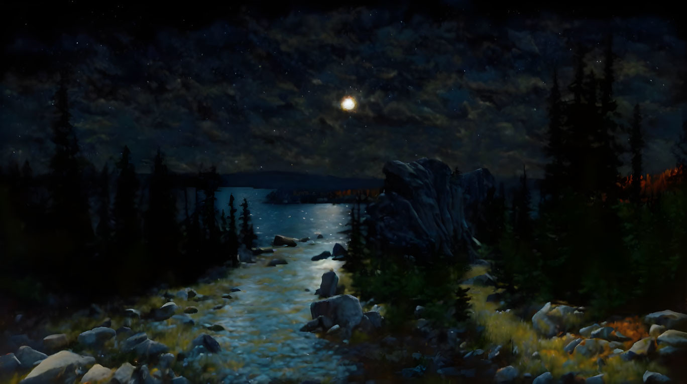 Starry sky and moonlit river landscape with trees