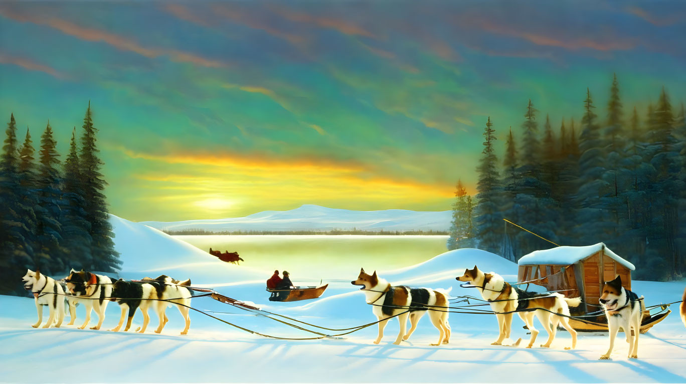 Huskies pulling sled through snowy landscape at sunset