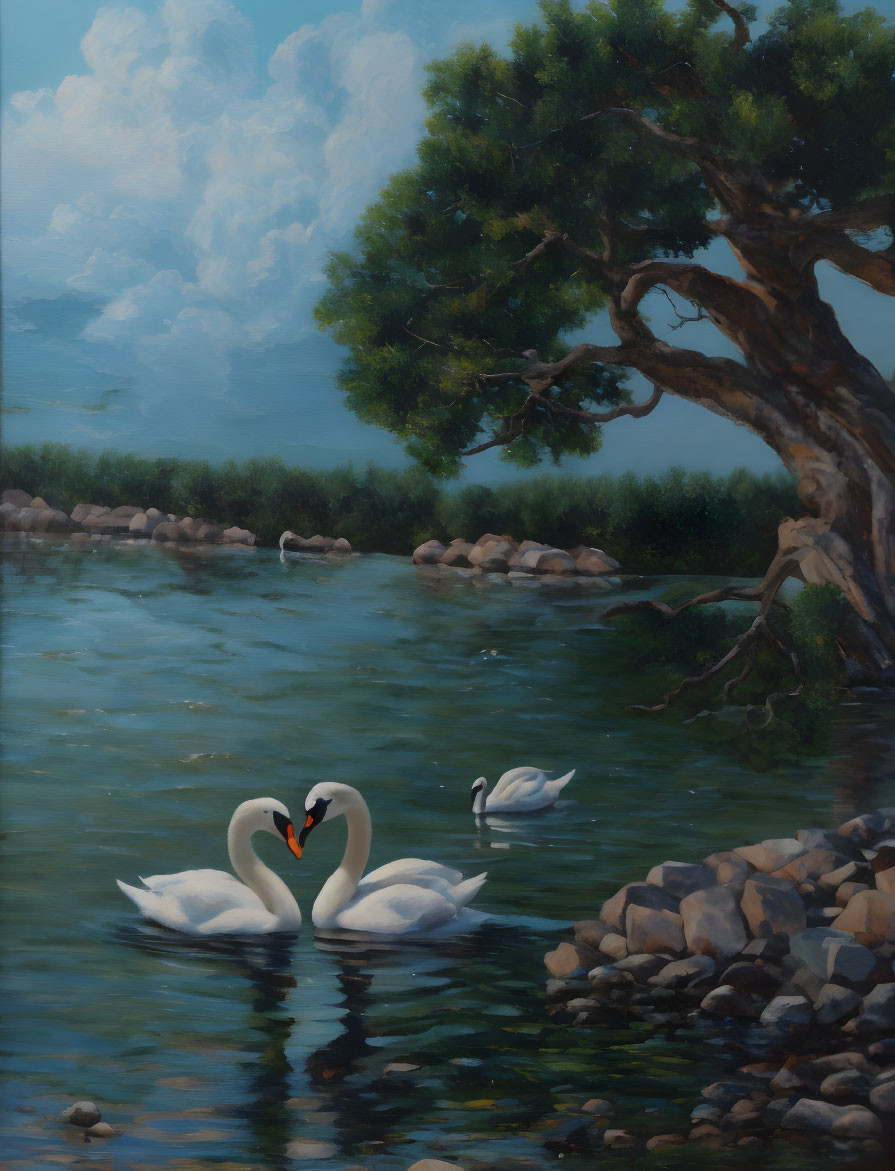 Tranquil painting of two swans forming heart shape on lake