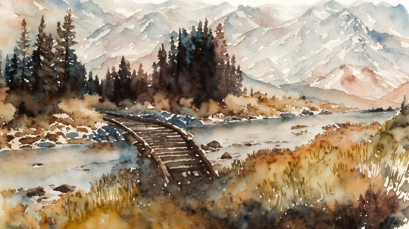 Rustic wooden bridge over stream with mountain backdrop