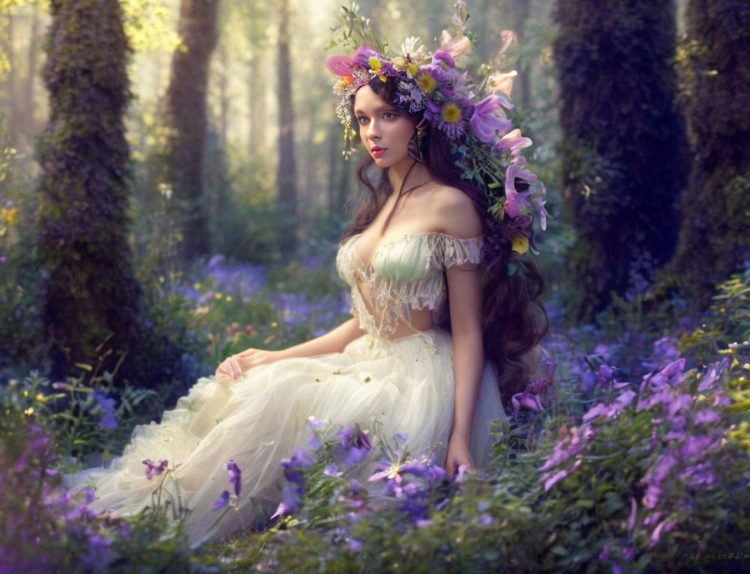 Woman in flowing dress with floral headpiece in mystical forest